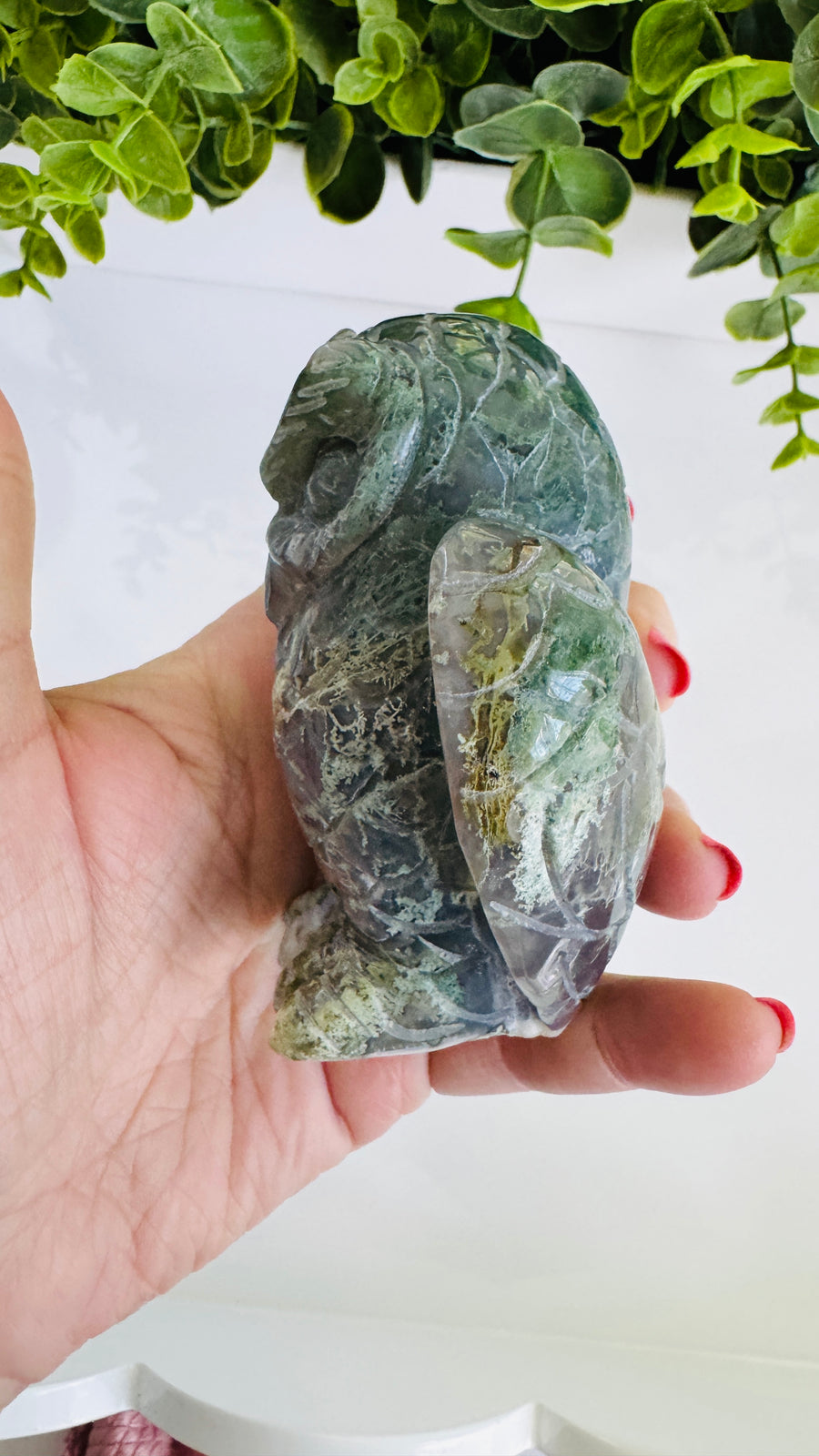 Moss Agate Owl Carving, High Quality 3.5