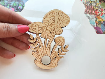 Mushroom Sphere Stand, Laser Carved Wood for Small Spheres, Natural Wood Color