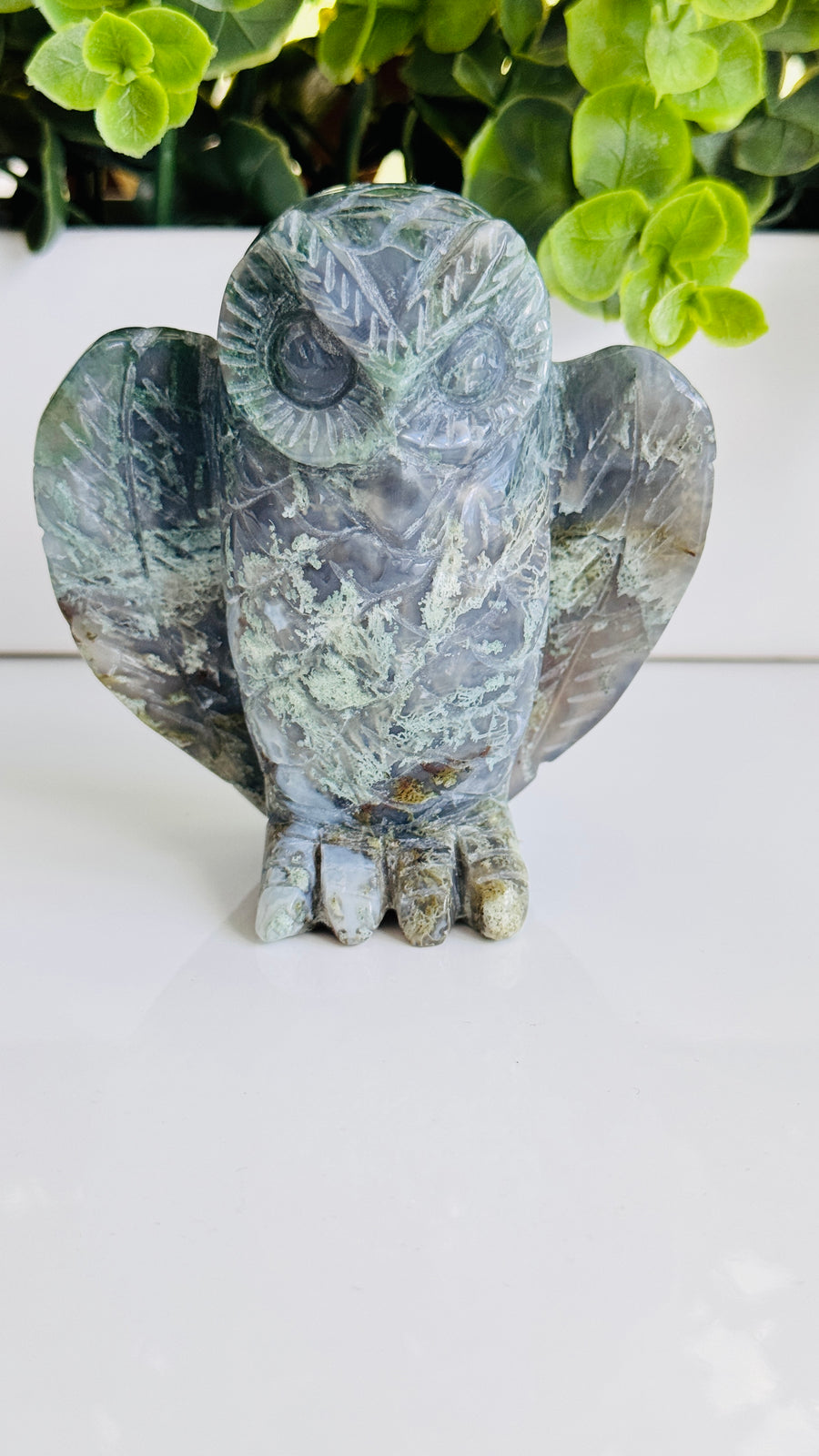 Moss Agate Owl Carving, High Quality 3.5