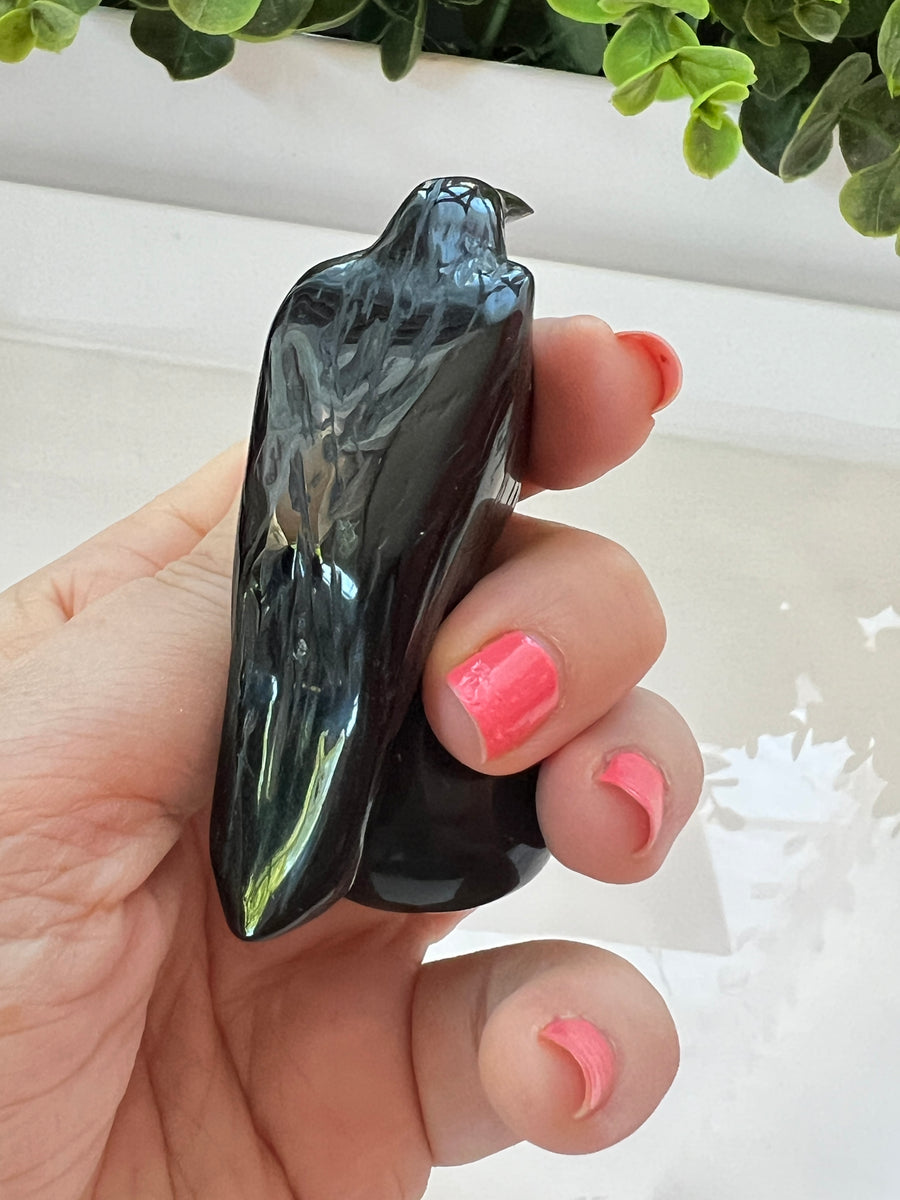 Black Obsidian Raven Crow Carving 3 Inch, Small