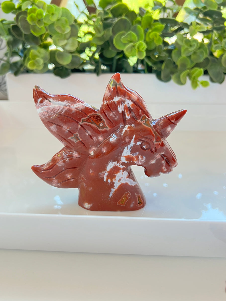 RARE Druzy Ocean Jasper Unicorn Carving, 4 Inches, Red