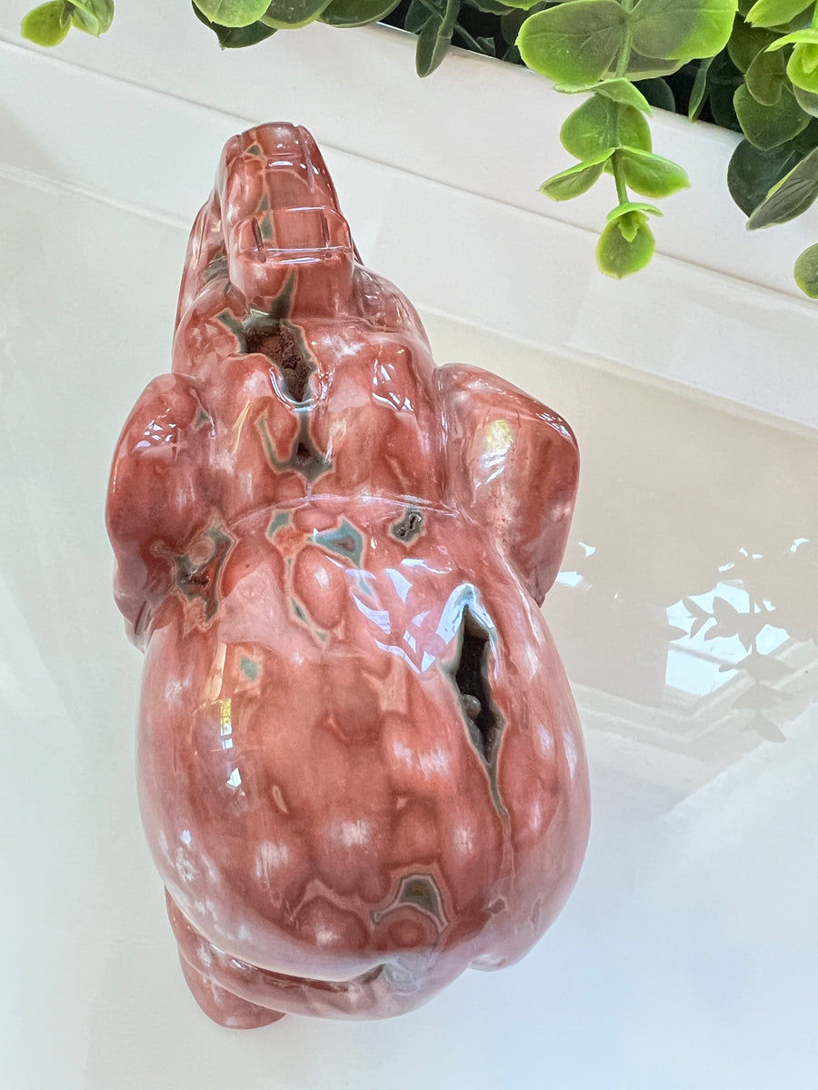 RARE XL Druzy Ocean Jasper Elephant, Top Quality, 6.5 Inches, Red/Pink/Green Sea Jasper