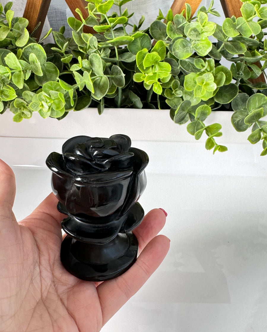 Black Obsidian Rose Carving 3”x 2.25” Large Crystal Flower