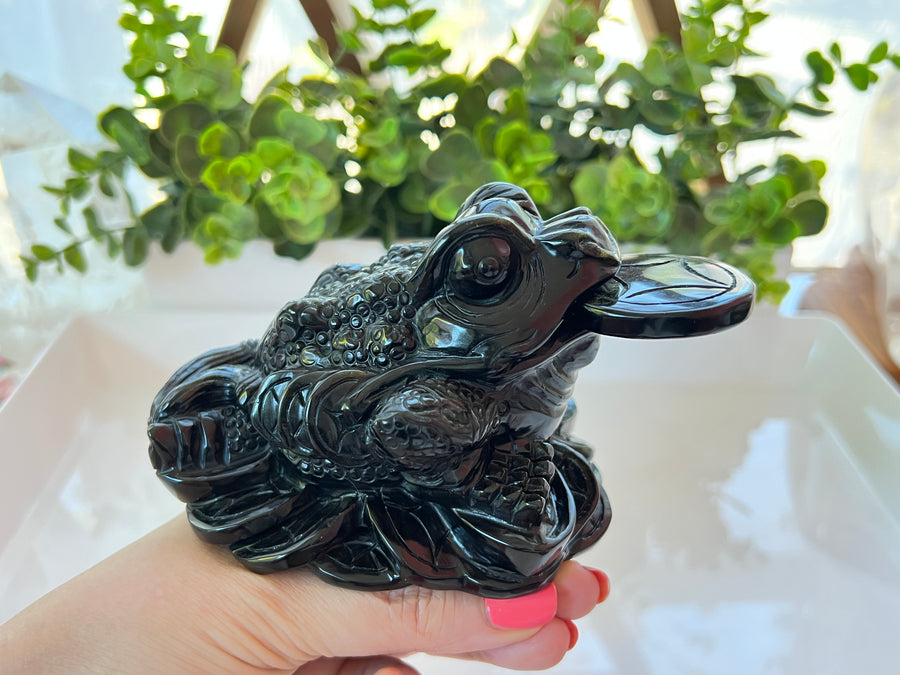 Lucky Frog with Removable Coin, Obsidian Gold Flash, XL 5.5 inches, Crystal Money Toad