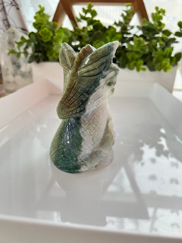 Moss Agate Dragon Bust with Quartz, Crystal Dragon Head