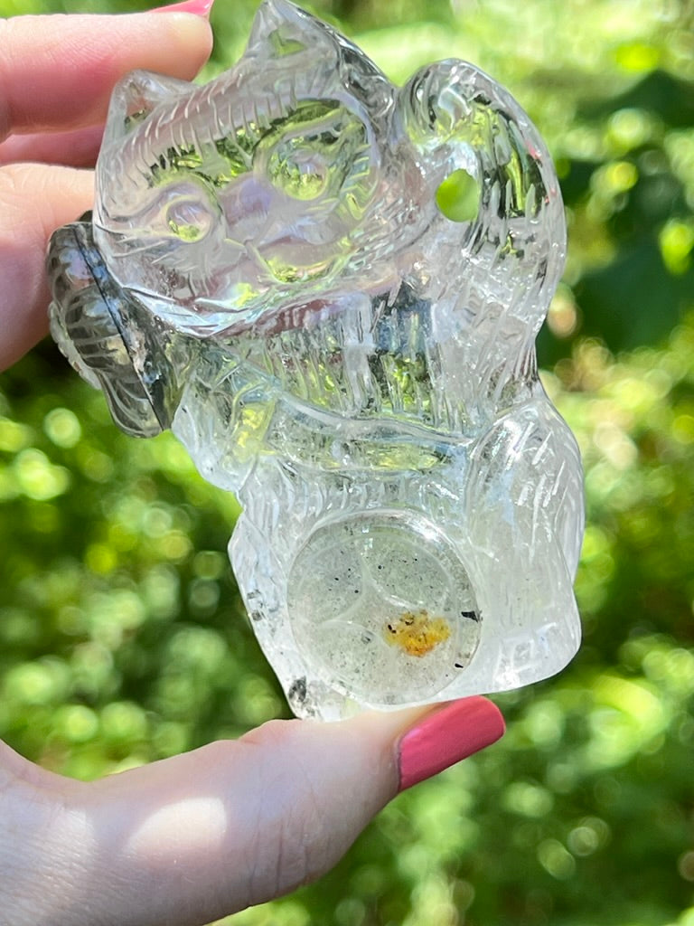 Premium Garden Quartz Flower Lucky Cat, Maneki Neko, Fortune Cat, Clear Quartz Crystal