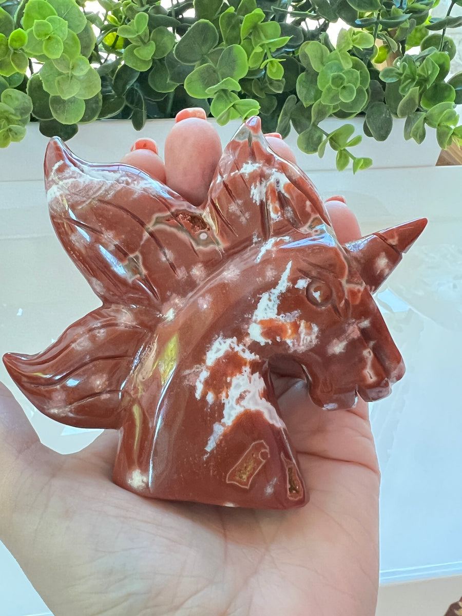 RARE Druzy Ocean Jasper Unicorn Carving, 4 Inches, Red