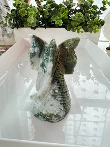 Moss Agate Dragon Bust with Quartz, Crystal Dragon Head