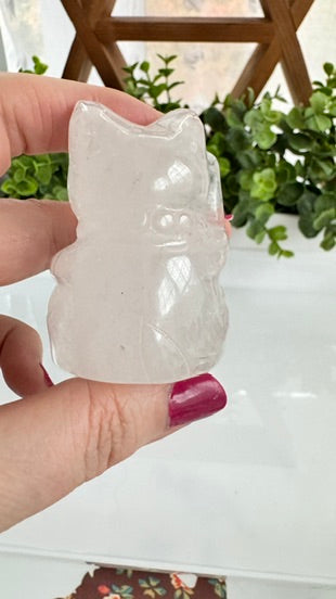 Lucky Cat Large RIGHT PAW UP Clear Quartz, Maneki Neko, Crystal Fortune Cat