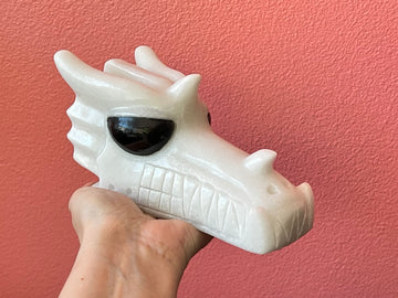 HUGE White Jade & Obsidian Crystal Dragon Skull 7.5 inches
