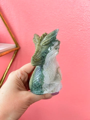 Moss Agate Dragon Bust with Quartz, Crystal Dragon Head