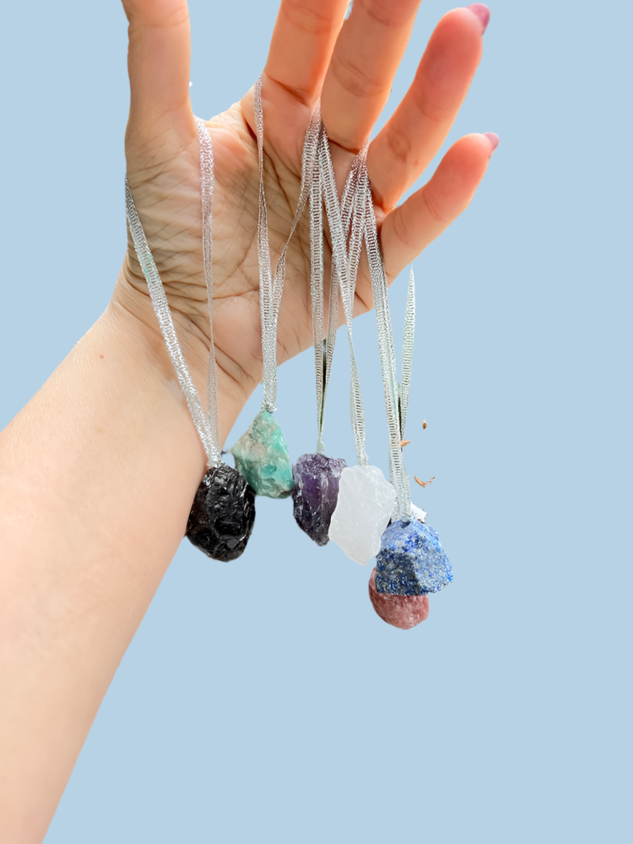 Crystal Tree Ornaments Chakra Gift Set of 6 Raw Crystals on Silver Ribbon, Holiday Crystals