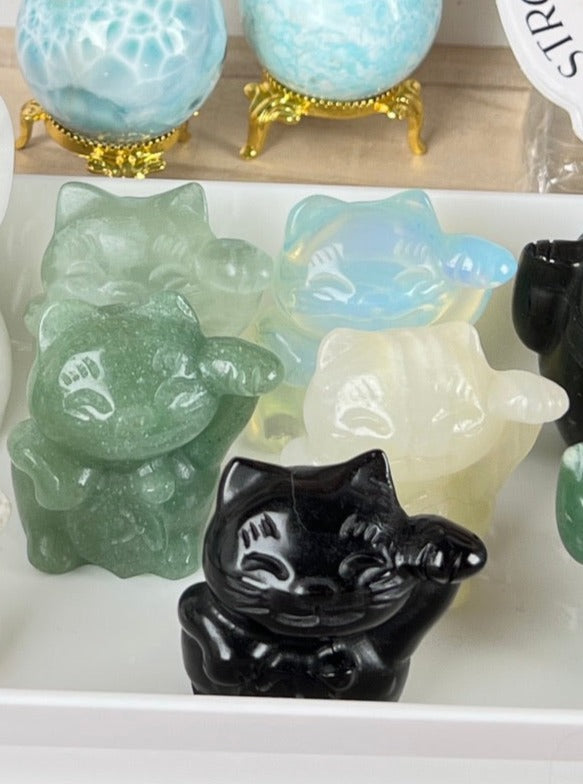 Lucky Cat LEFT PAW UP, Happy Face Style, Maneki Neko, Crystal Fortune Cat, Medium