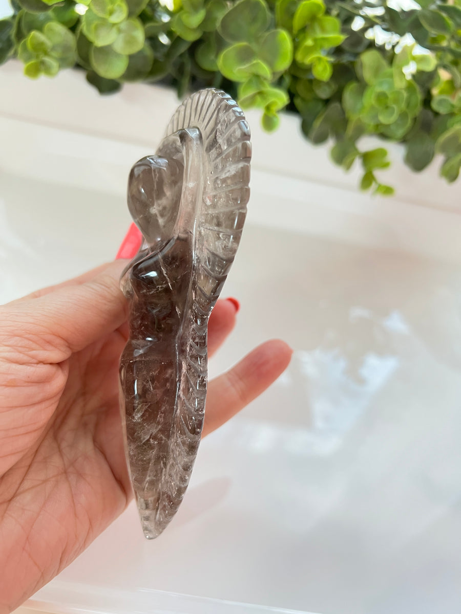 Large Crystal Goddess in Smoky Quartz, Aura, Angel, Aztec, Mayan, Moon Goddess Carving