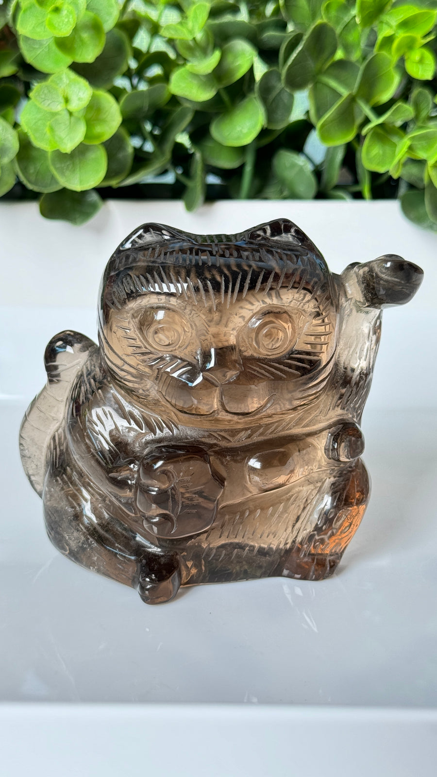 Lucky Cat, Master Carver Gold Rutile Smoky Quartz with Rainbows! Maneki Neko, Crystal Fortune Cat, XL