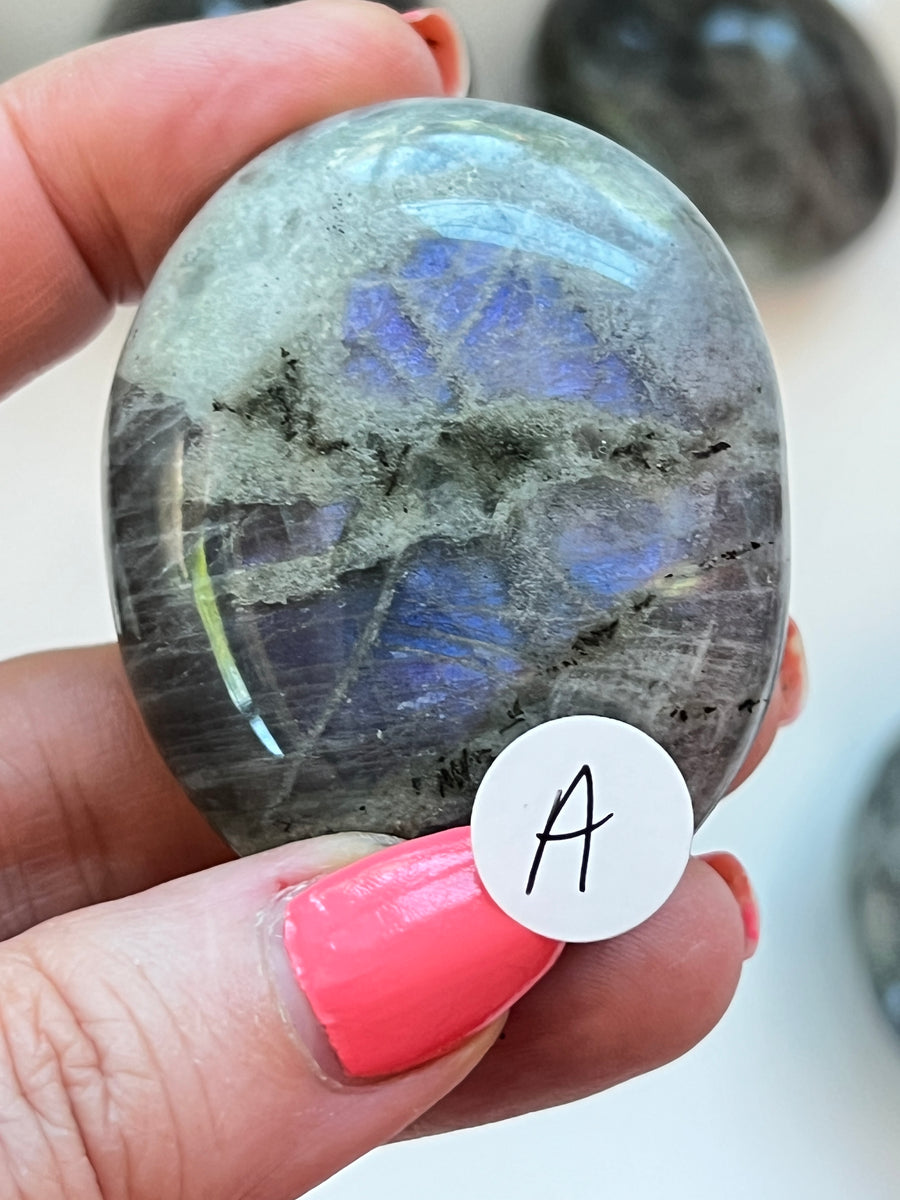Labradorite Palm Stone, Choose Your Favorite, Purple Flash or Blue Flash