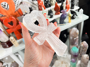 Clear Quartz Heart w/Egyptian Carving Crystal Ankh Cross, 6 Inch