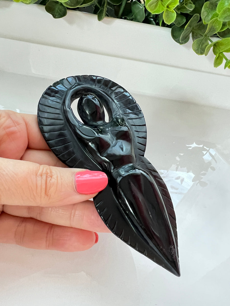 Large Crystal Goddess in Black Obsidian, Aura, Angel, Aztec, Mayan, Moon Goddess Carving