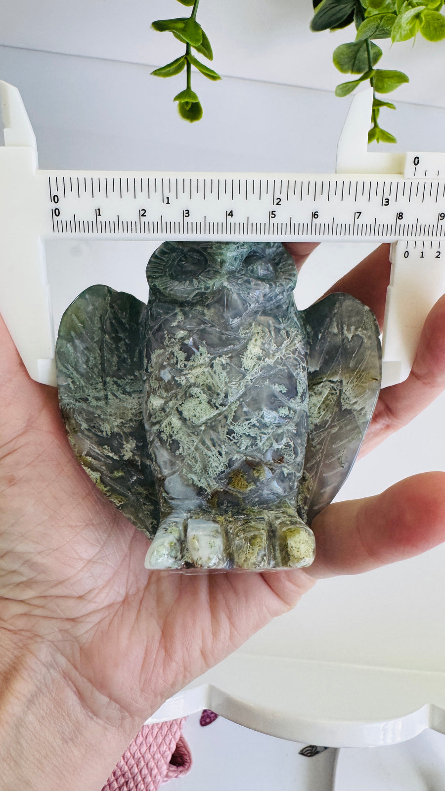 Moss Agate Owl Carving, High Quality 3.5