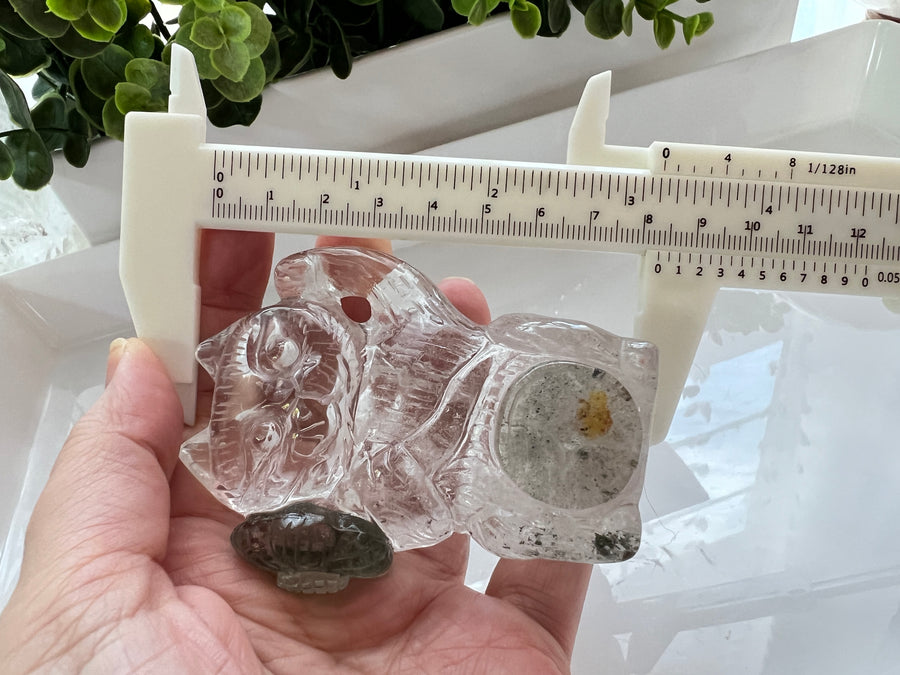 Premium Garden Quartz Flower Lucky Cat, Maneki Neko, Fortune Cat, Clear Quartz Crystal