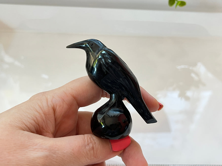Black Obsidian Raven Crow Carving 3 Inch, Small