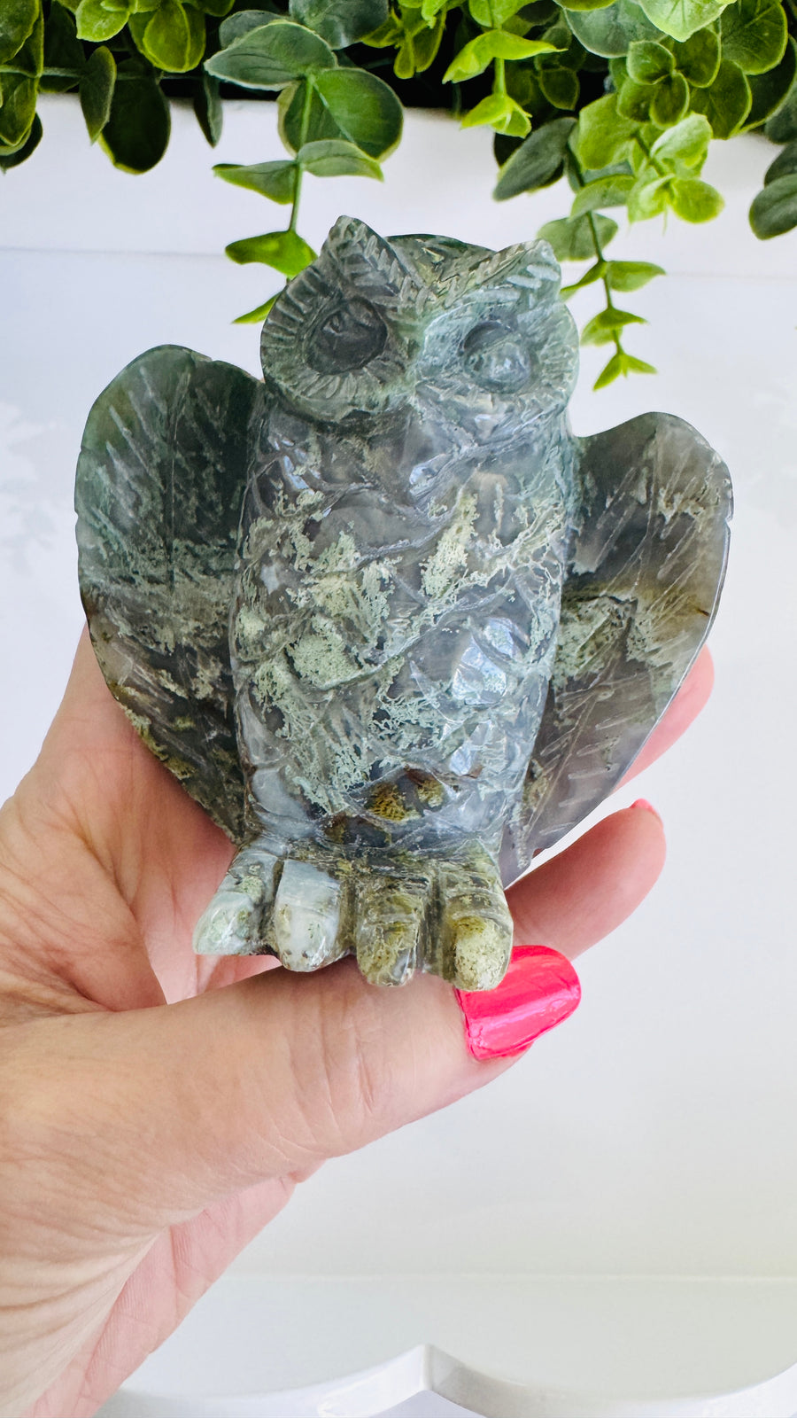 Moss Agate Owl Carving, High Quality 3.5