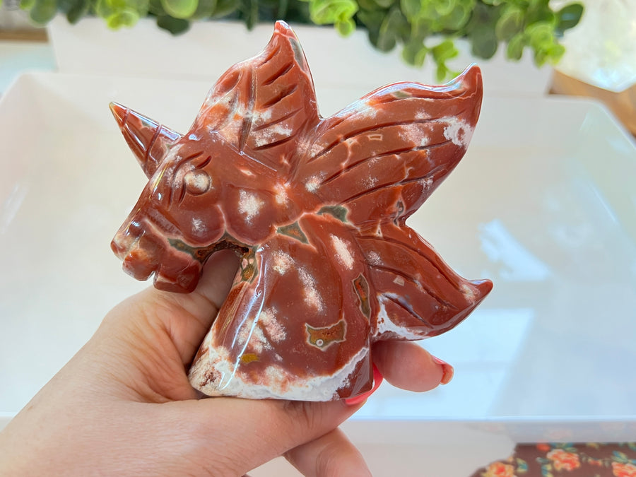 RARE Druzy Ocean Jasper Unicorn Carving, 4 Inches, Red