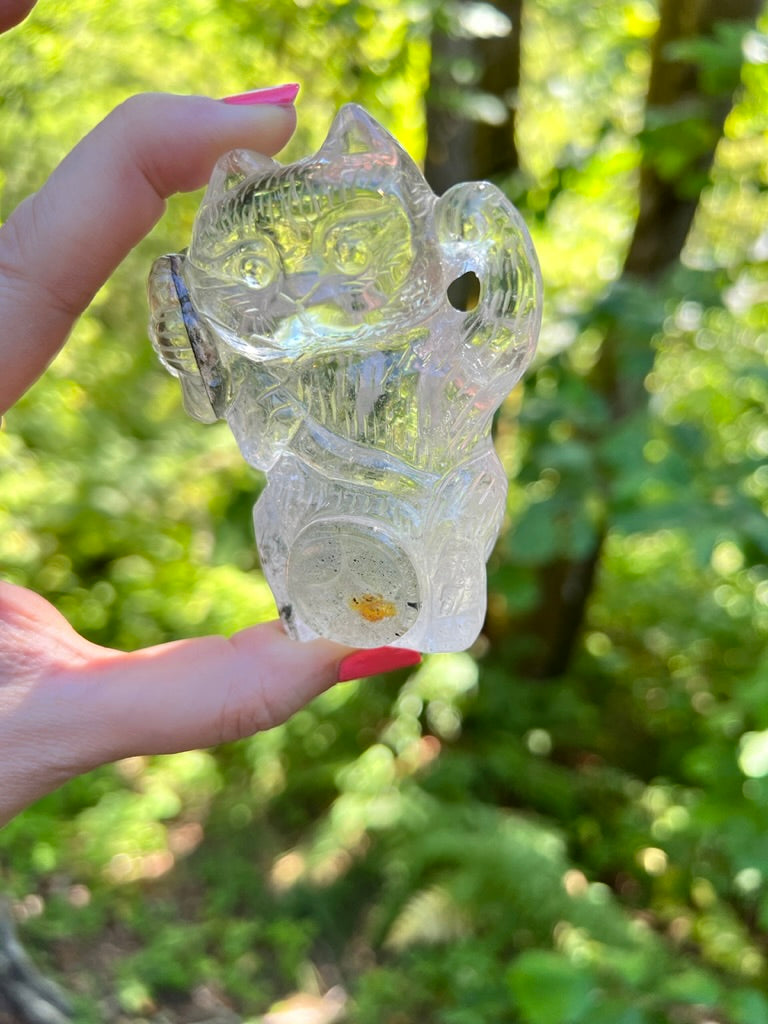 Premium Garden Quartz Flower Lucky Cat, Maneki Neko, Fortune Cat, Clear Quartz Crystal