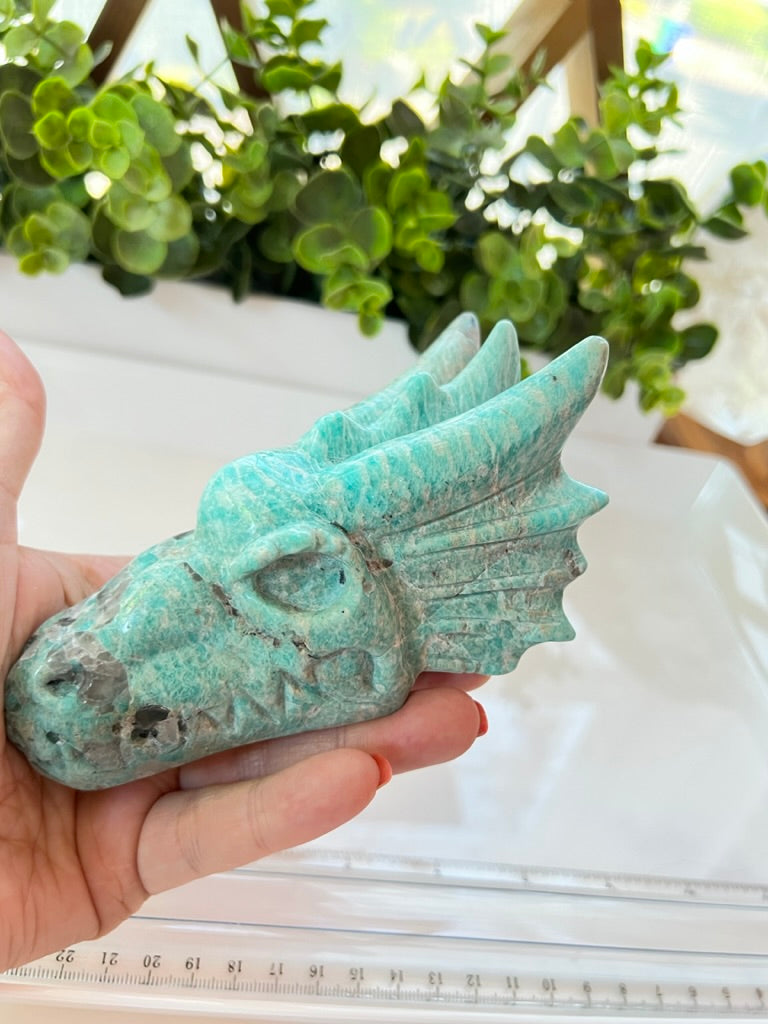 Amazonite with Smoky Quartz Crystal Dragon Skull, 5 Inch Dragon Head