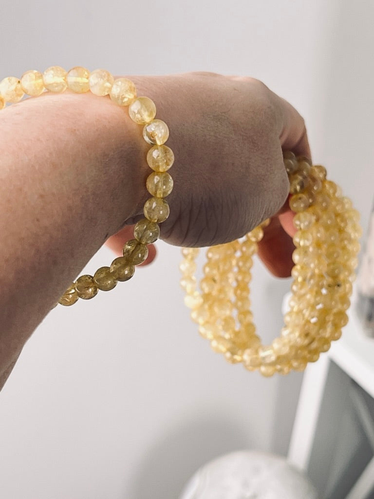 Citrine 7 mm Lemon Citrine Natural Crystal Bracelet, Stretchy, Small Beads