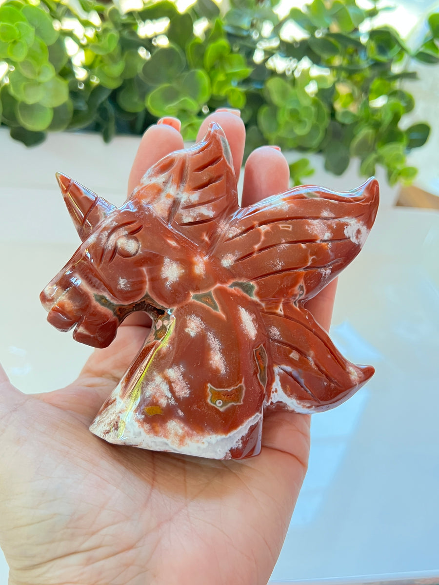 RARE Druzy Ocean Jasper Unicorn Carving, 4 Inches, Red