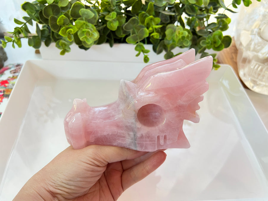 Premium Blue & Rose Quartz Crystal Dragon Skull, approx 6 inches