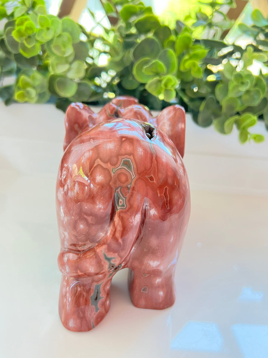 RARE XL Druzy Ocean Jasper Elephant, Top Quality, 6.5 Inches, Red/Pink/Green Sea Jasper