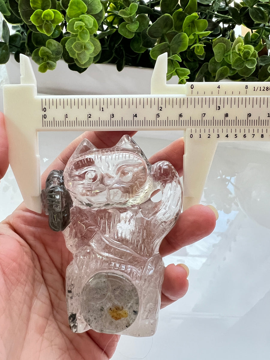 Premium Garden Quartz Flower Lucky Cat, Maneki Neko, Fortune Cat, Clear Quartz Crystal