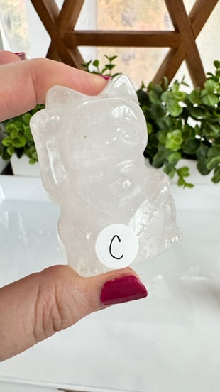Lucky Cat Large RIGHT PAW UP Clear Quartz, Maneki Neko, Crystal Fortune Cat