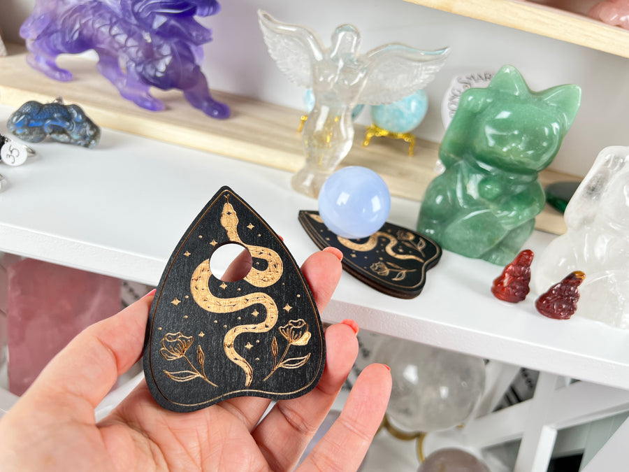 Snake Planchette Stand, Laser Carved Wood for Small Spheres, Black