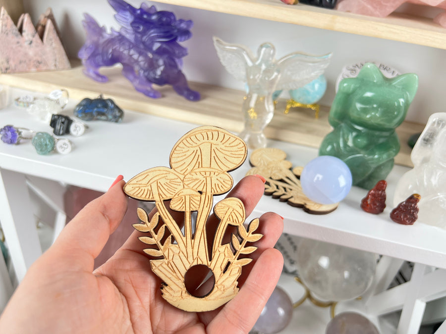 Mushroom Sphere Stand, Laser Carved Wood for Small Spheres, Natural Wood Color