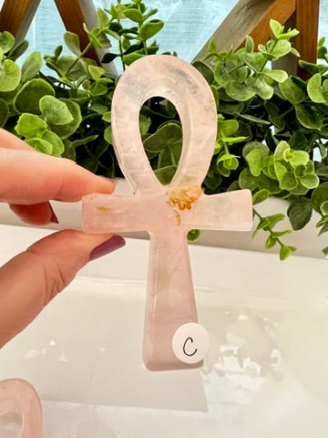 Rose Quartz Ankh Cross with Golden Healer, 4 Inch Approx, Choose Your Favorite