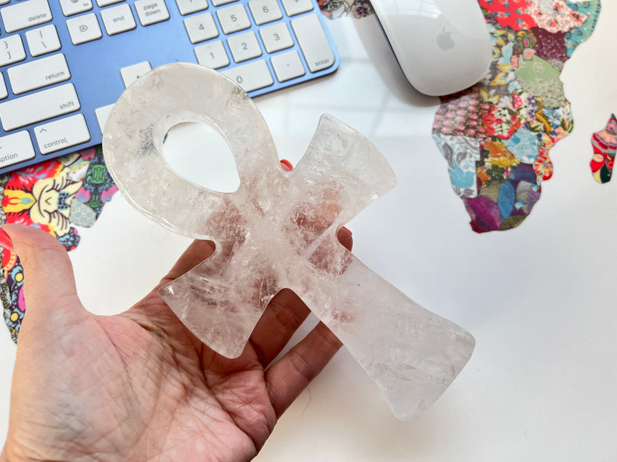 New Design XL Standing Clear Quartz Ankh Cross 7 x 4 Inch, 540 grams