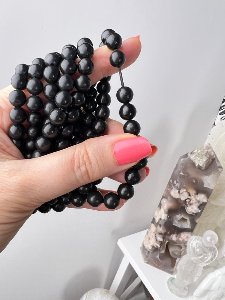 Shungite 8 mm Natural Crystal Bracelet, Stretchy, EMF Protection
