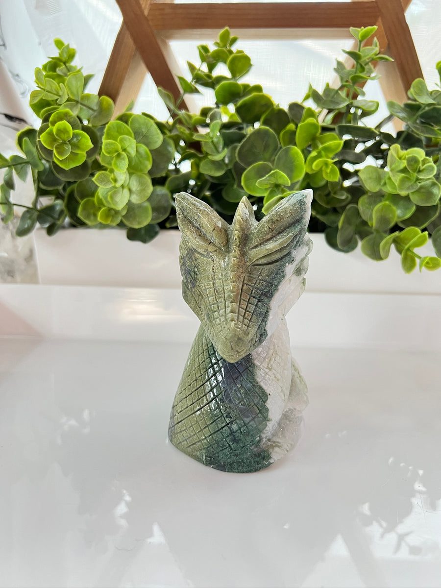 Moss Agate Dragon Bust with Quartz, Crystal Dragon Head