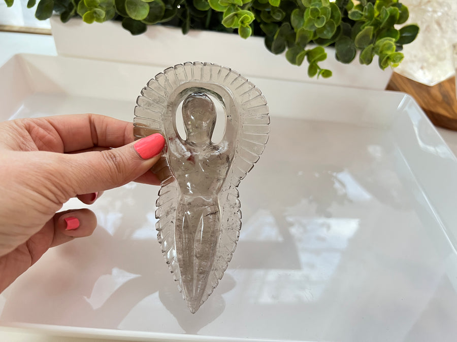 Large Crystal Goddess in Smoky Quartz, Aura, Angel, Aztec, Mayan, Moon Goddess Carving