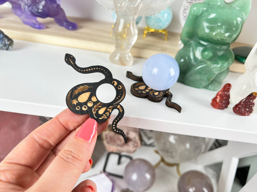 Snake Sphere Stand, Laser Carved Wood for Small Spheres, Black