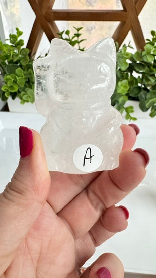 Lucky Cat Large RIGHT PAW UP Clear Quartz, Maneki Neko, Crystal Fortune Cat