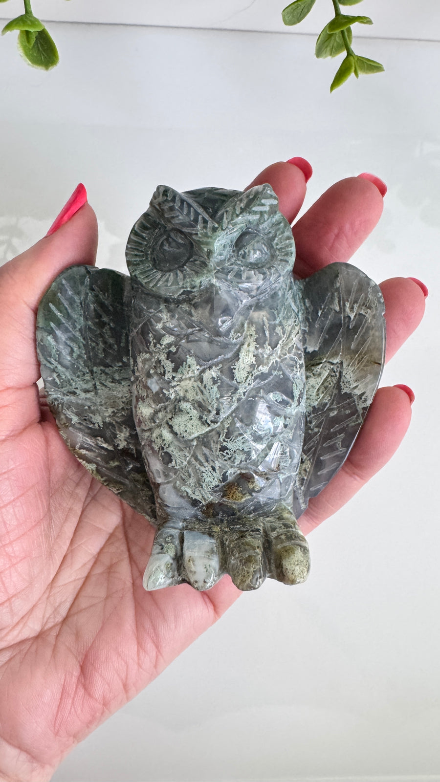 Moss Agate Owl Carving, High Quality 3.5