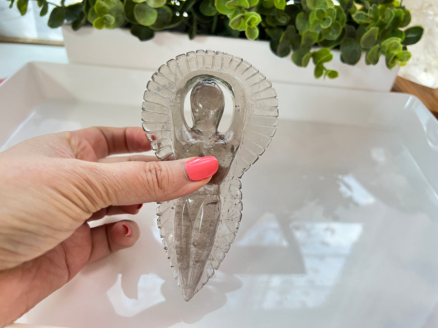 Large Crystal Goddess in Smoky Quartz, Aura, Angel, Aztec, Mayan, Moon Goddess Carving