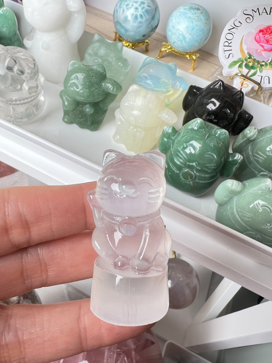 Selenite Crystal Lucky Cat, RIGHT PAW UP, Maneki Neko, Fortune Cat, Small