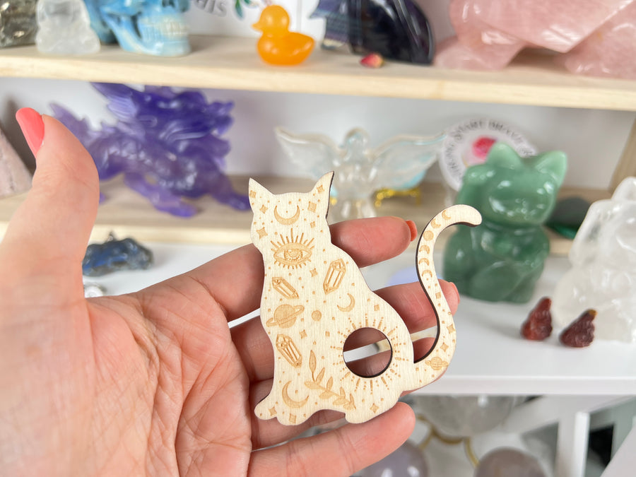 Cosmic Cat Sphere Stand, Laser Carved Wood for Small Spheres, Natural Wood Color