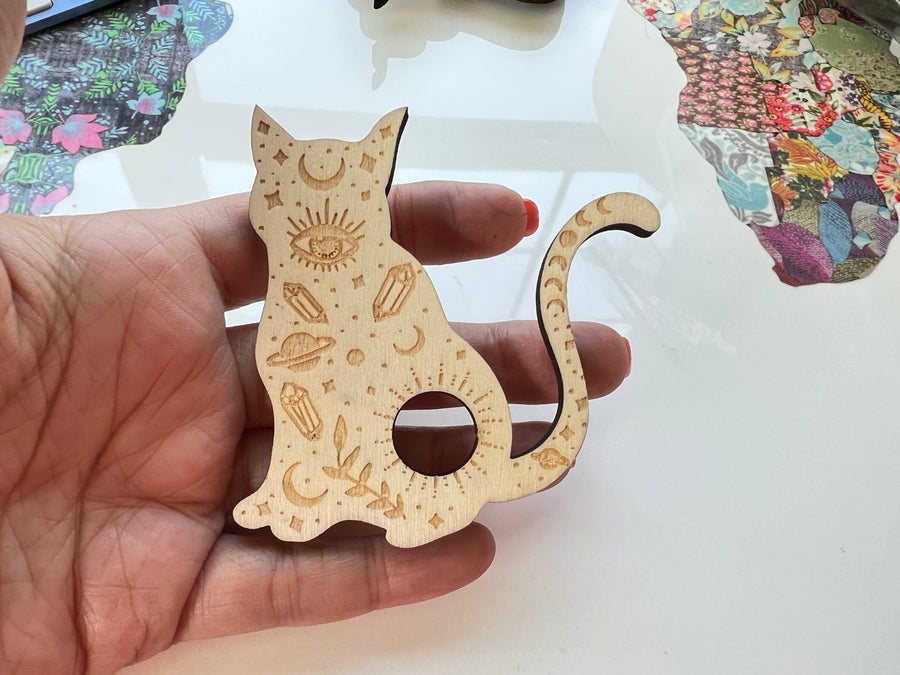 Cosmic Cat Sphere Stand, Laser Carved Wood for Small Spheres, Natural Wood Color