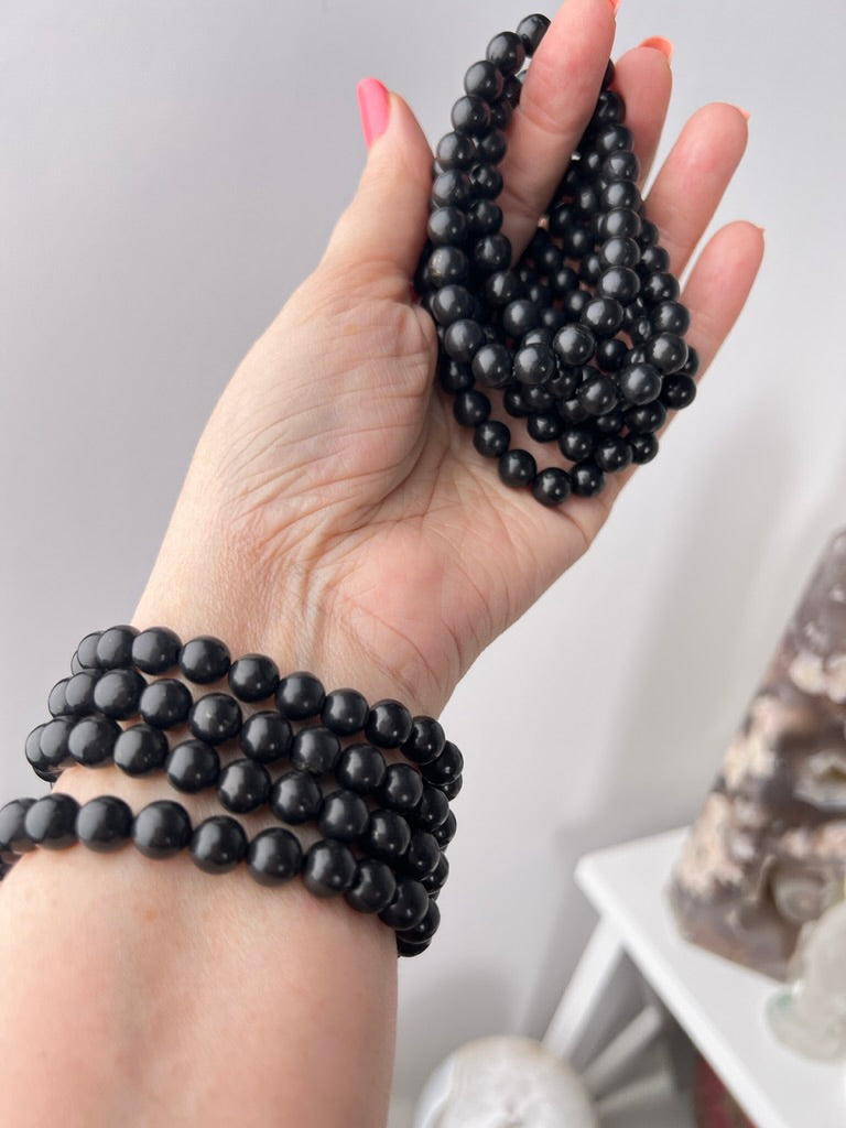 Shungite 8 mm Natural Crystal Bracelet, Stretchy, EMF Protection